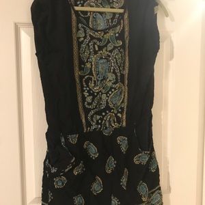 Black Casual Dress with Teal Paisley Design